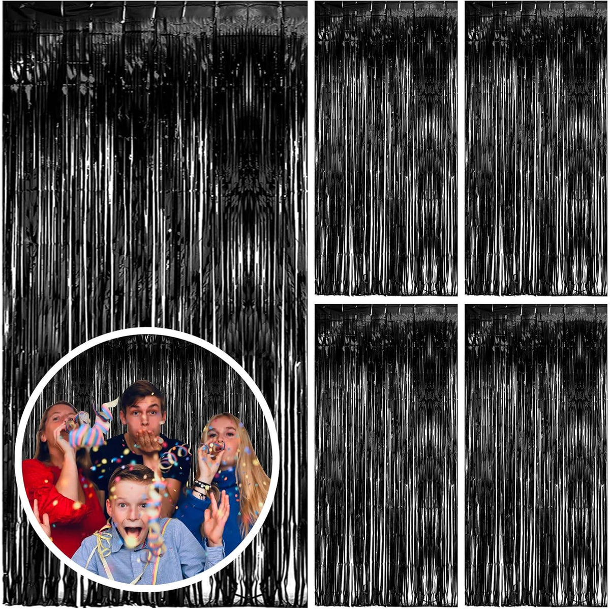 5 Pack Black Party Streamers Backdrop Tinsel Foil Fringe Curtains Halloween & Birthday Party