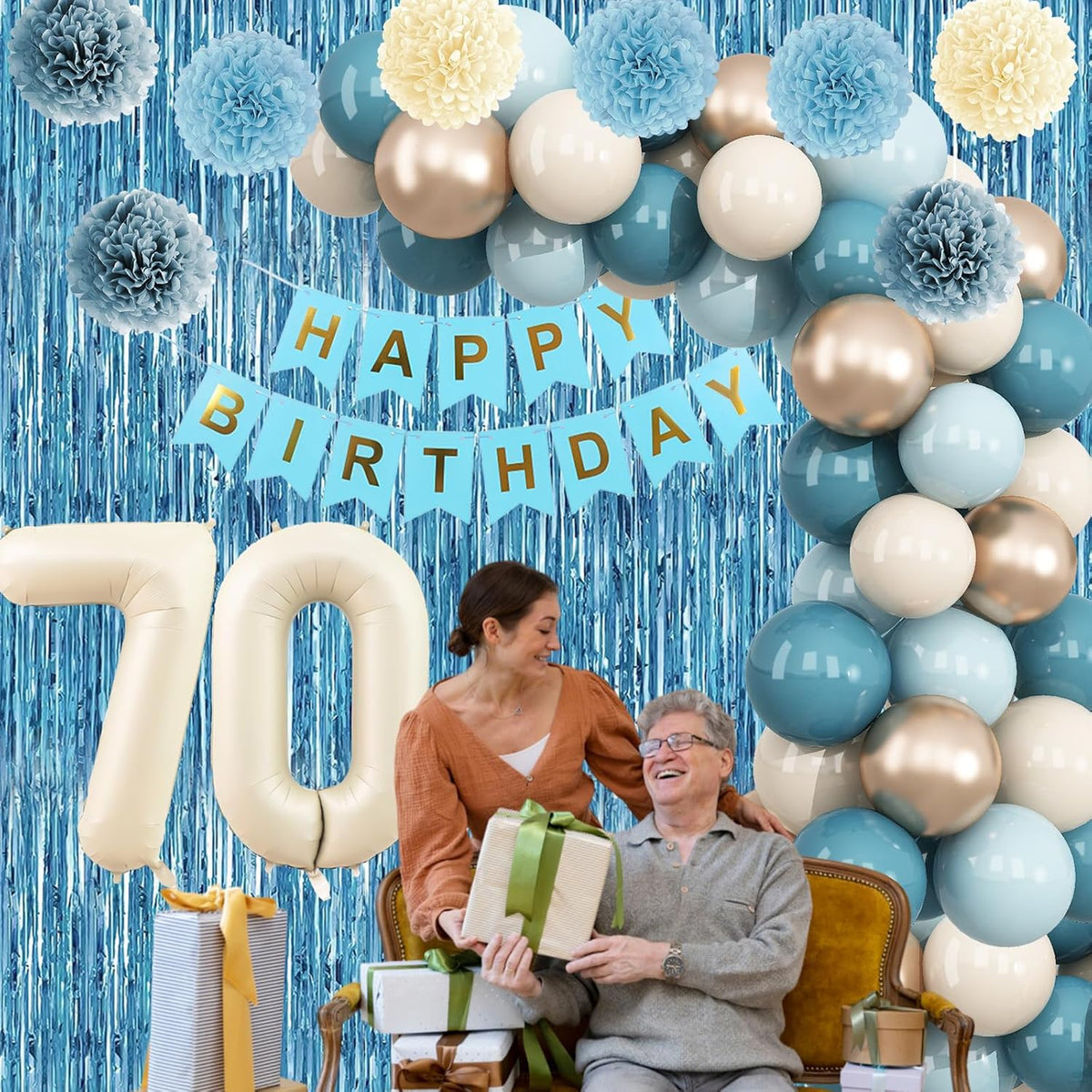 Dusty Blue 70th Birthday Party Decorations for Women Men Beige Cream Number 70 Balloon with Blue