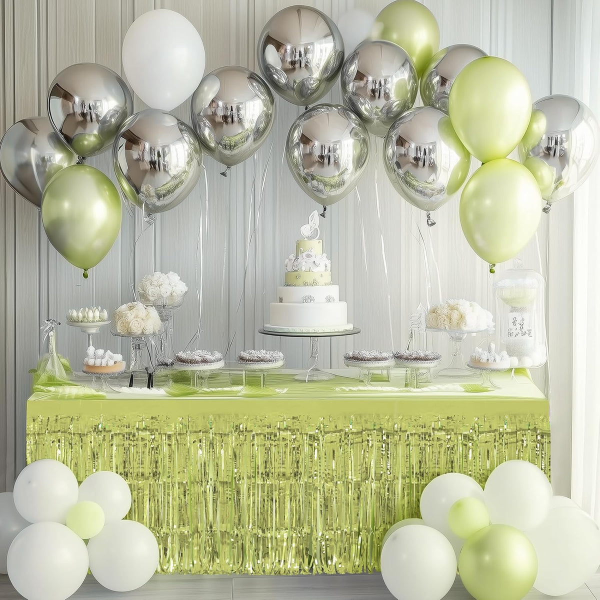 2 Pack Lime Green Table Skirts, 29x108" Metallic Foil Tinsel Fringe Table Skirt for Rectangle