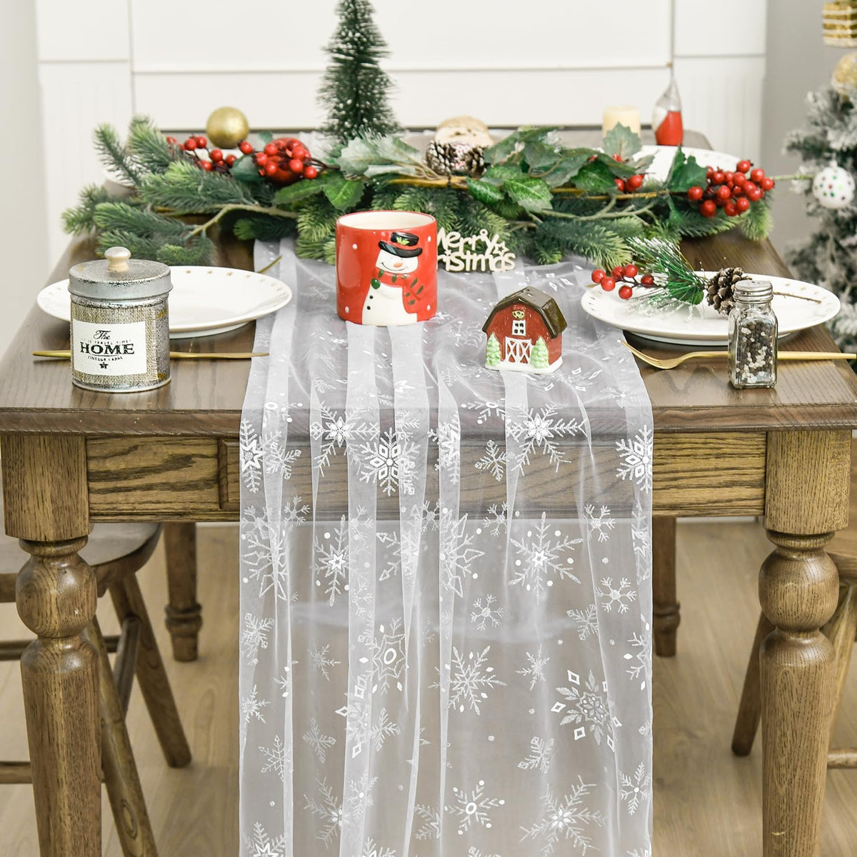Artoid Mode Silver Snowflakes Christmas Gauze Table Runner 120 Inch 10FT, Seasonal Sheer Winter