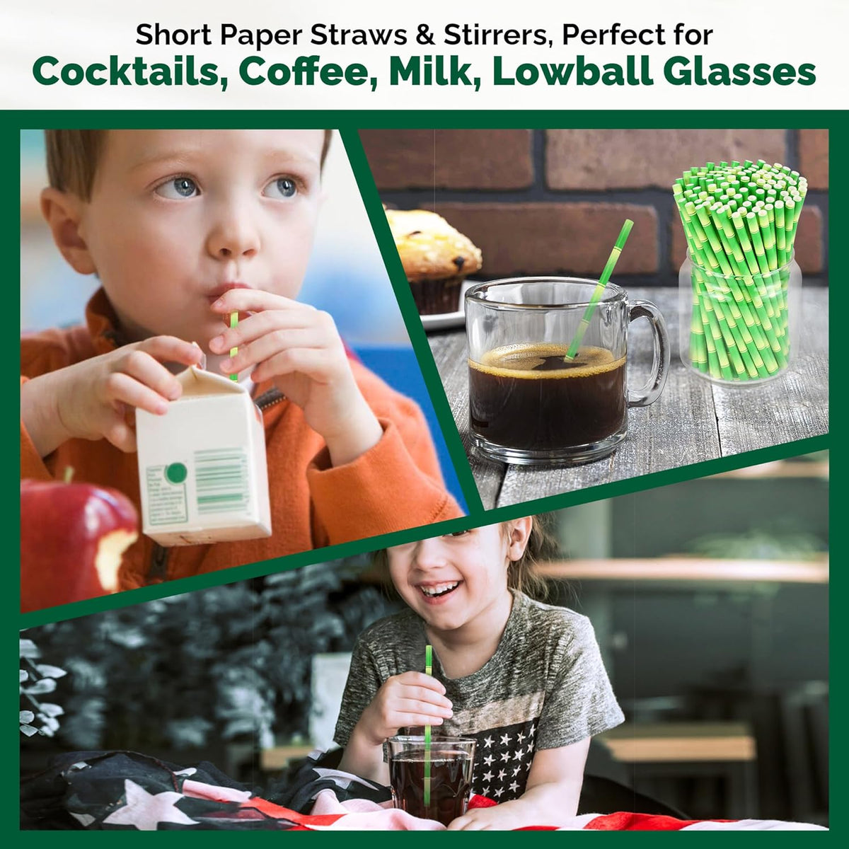 5.75 inch Short Bamboo Paper Straws & Stirrers for Cocktail and Coffee - 100% Biodegradable and