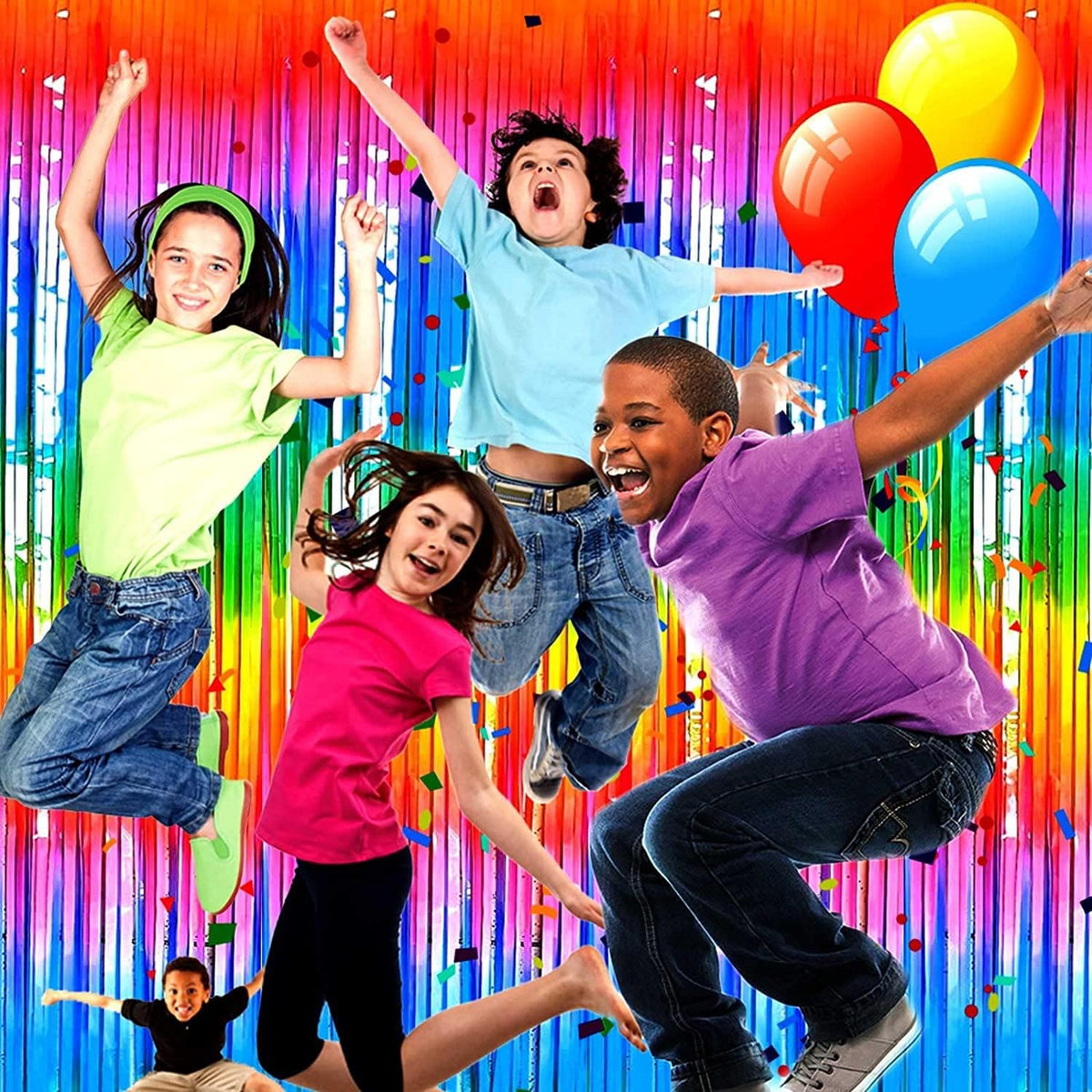 4 Pack Rainbow Tinsel Foil Fringe Curtain Backdrop, 3.28Ft x 8.2Ft Colorful Metallic Streamers for