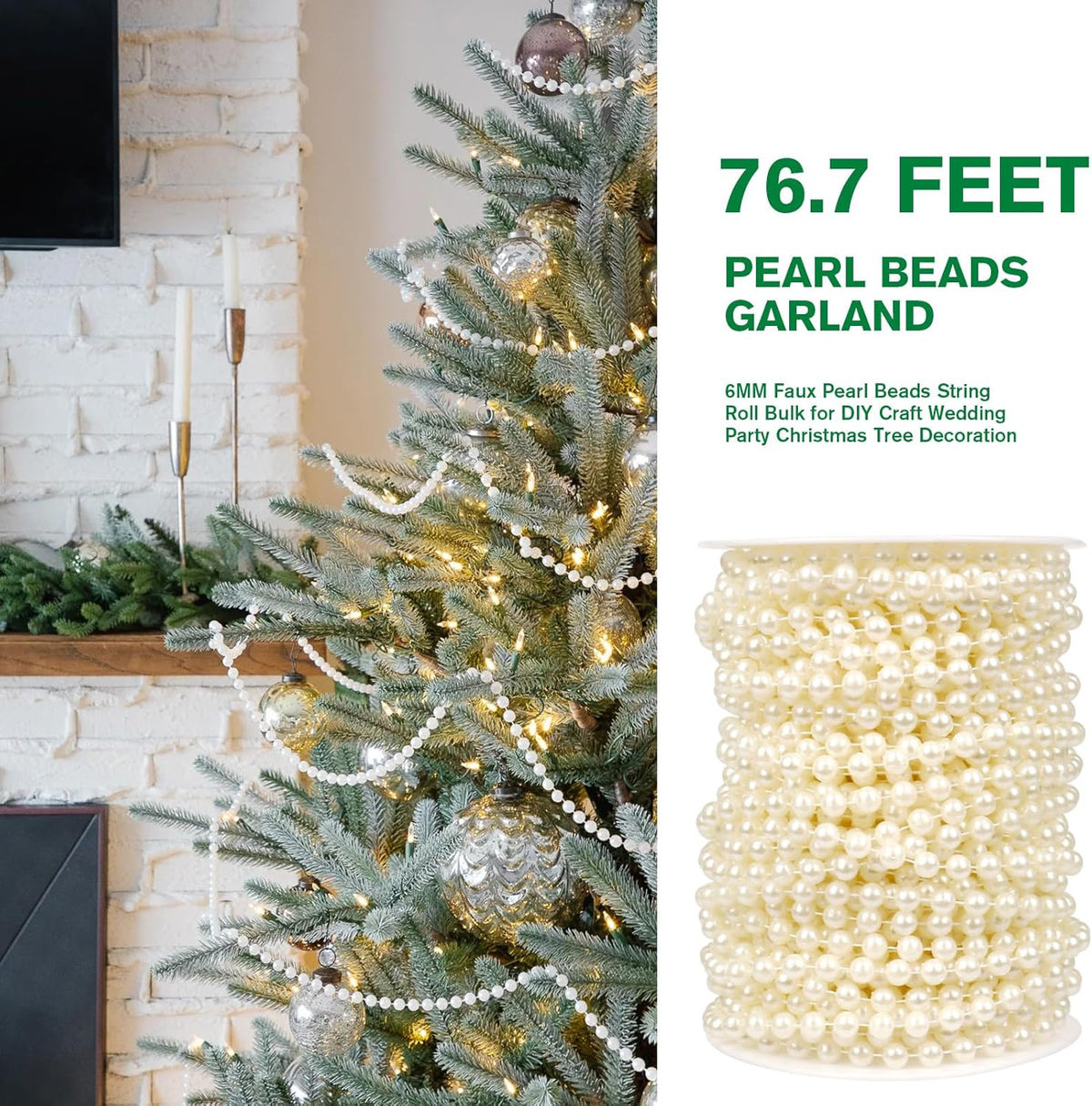 [76.7 Feet] Pearl Beads Garland, 6MM 25.5 Yards Faux Pearl Beads String Roll Bulk for DIY Craft
