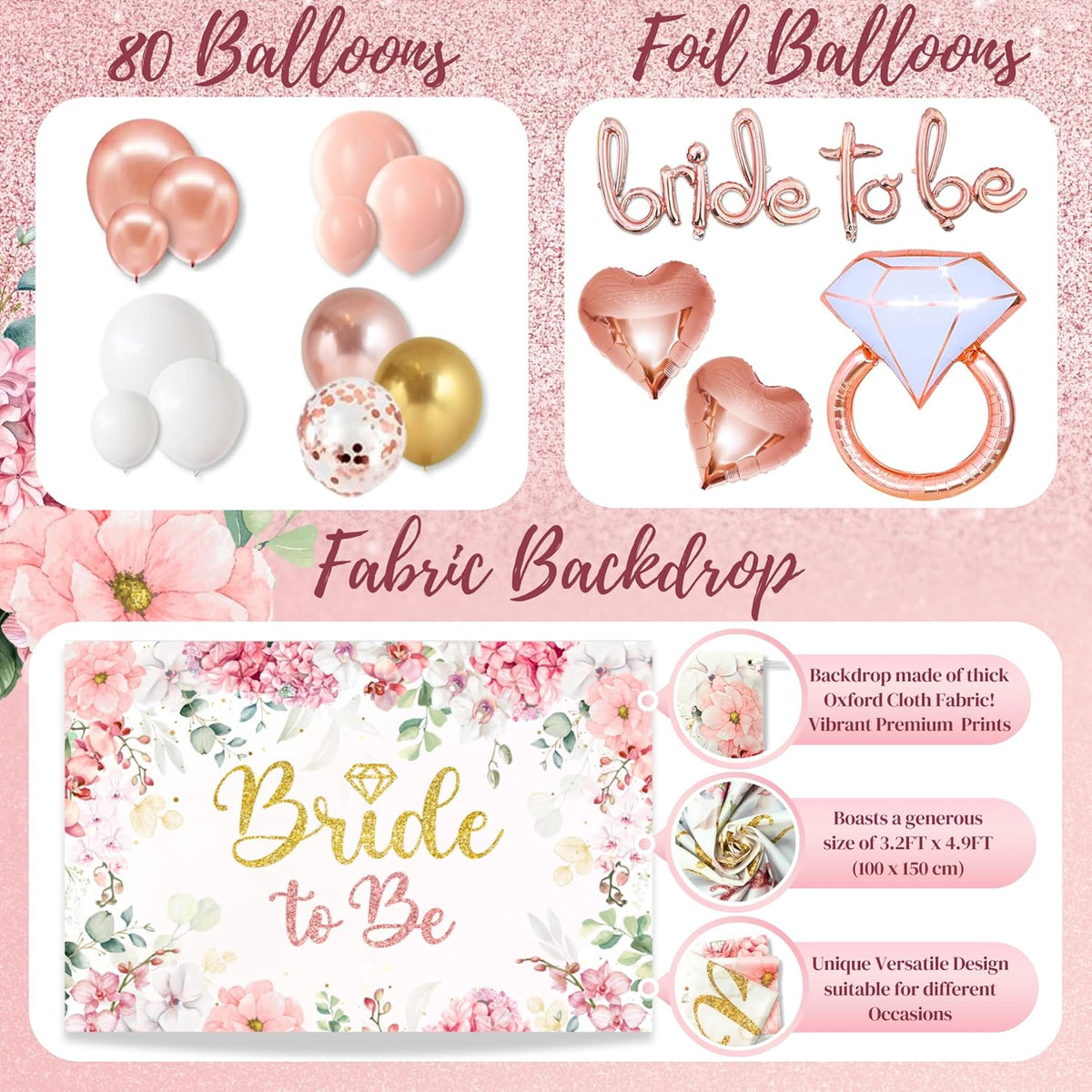 189 pc Bridal Shower Party Decorations – Balloons, Bride to Be Sash, Veil, Headband, Backdrop