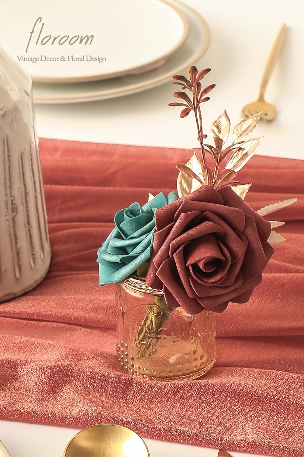 Floroom Artificial Flowers 25pcs Real Looking Teal Green Terracotta Ombre Colors Foam Fake Roses
