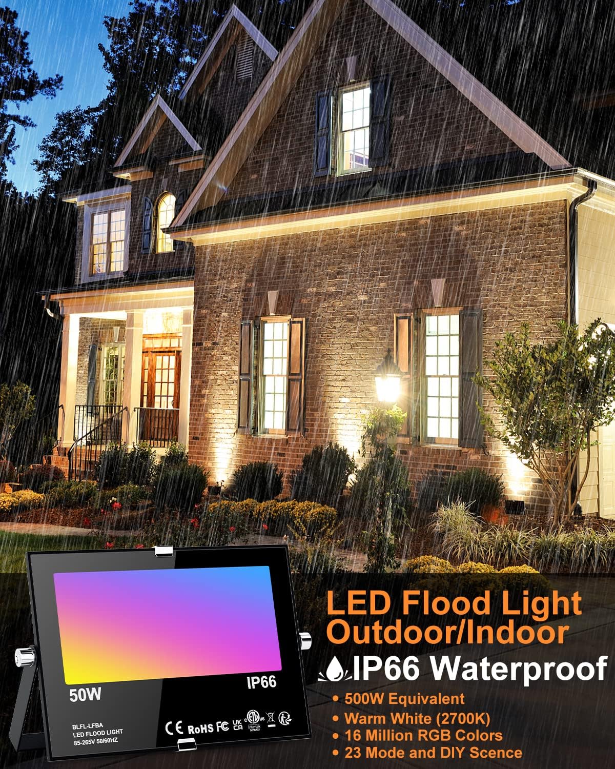 ChangM LED Flood Light Outdoor 500W Equivalent,Bluetooth RGB Flood Lights with APP Control, DIY