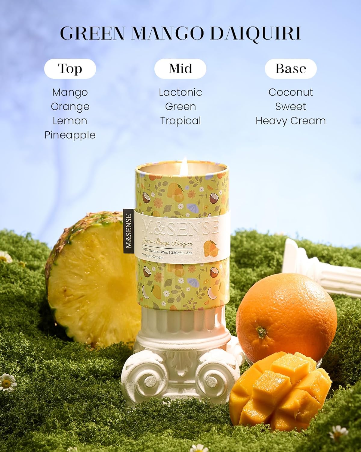 M&SENSE Green Mango Daiquiri Scented Candle, Medium Jar Candle 11.3oz Natural Soy Wax for Home