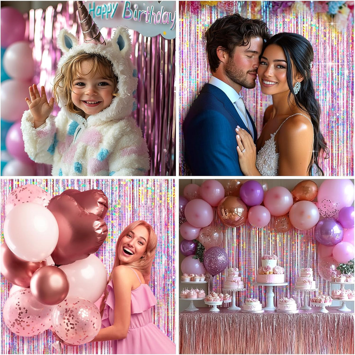 4 Packs Pink Foil Fringe Curtain, Pink Glitter Metallic Tinsel Backdrop for Birthday, Wedding, Baby
