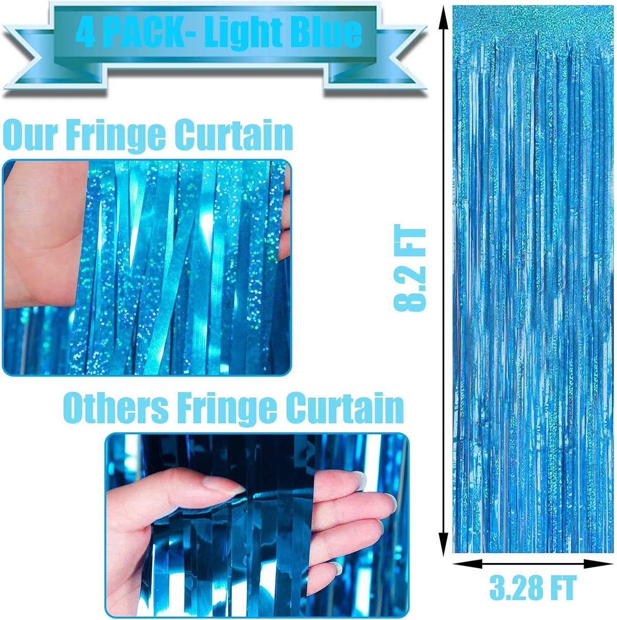 4 Pack Light Blue Tinsel Foil Fringe Curtain Backdrop, 3.28Ft x 8.2Ft Metallic Streamers for Photo