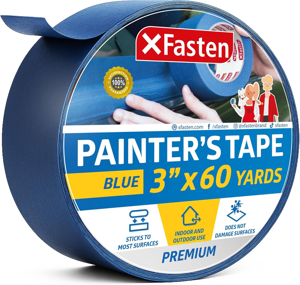 XFasten Professional Blue Painters Tape, Multi-Use, 3 Inches x 60 Yards Blue Tape - Sharp Edge Line