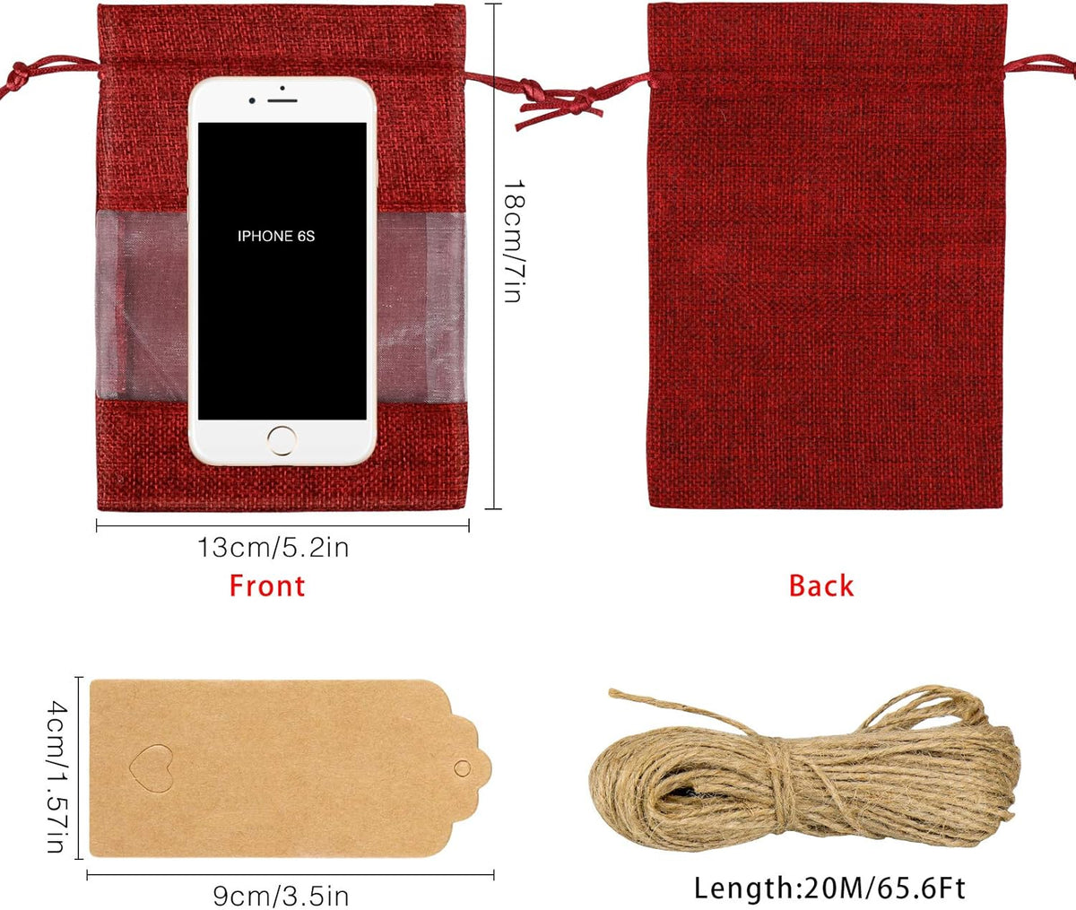 GIOIPC 50Pcs 5 x 7 Inch Linen Burlap Sheer Bags with Drawstring and Bonus Gift Tags for Wedding