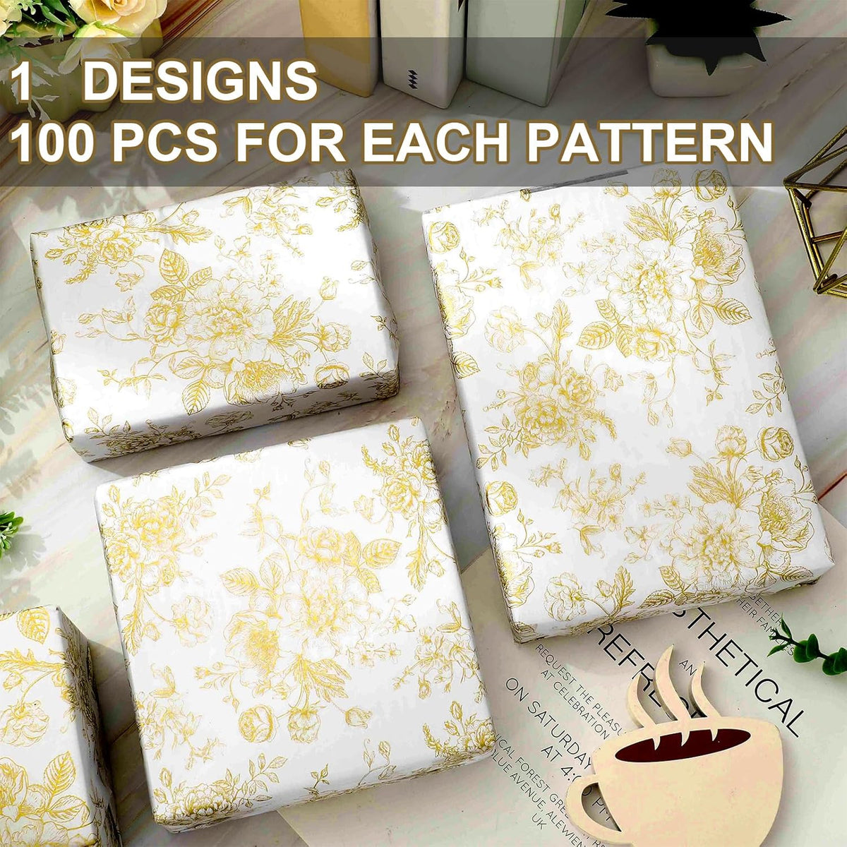 JarThenaAMCS 100 Sheets Floral Tissue Paper Gold Flower Gift Wrapping Paper Vintage Decorative Art