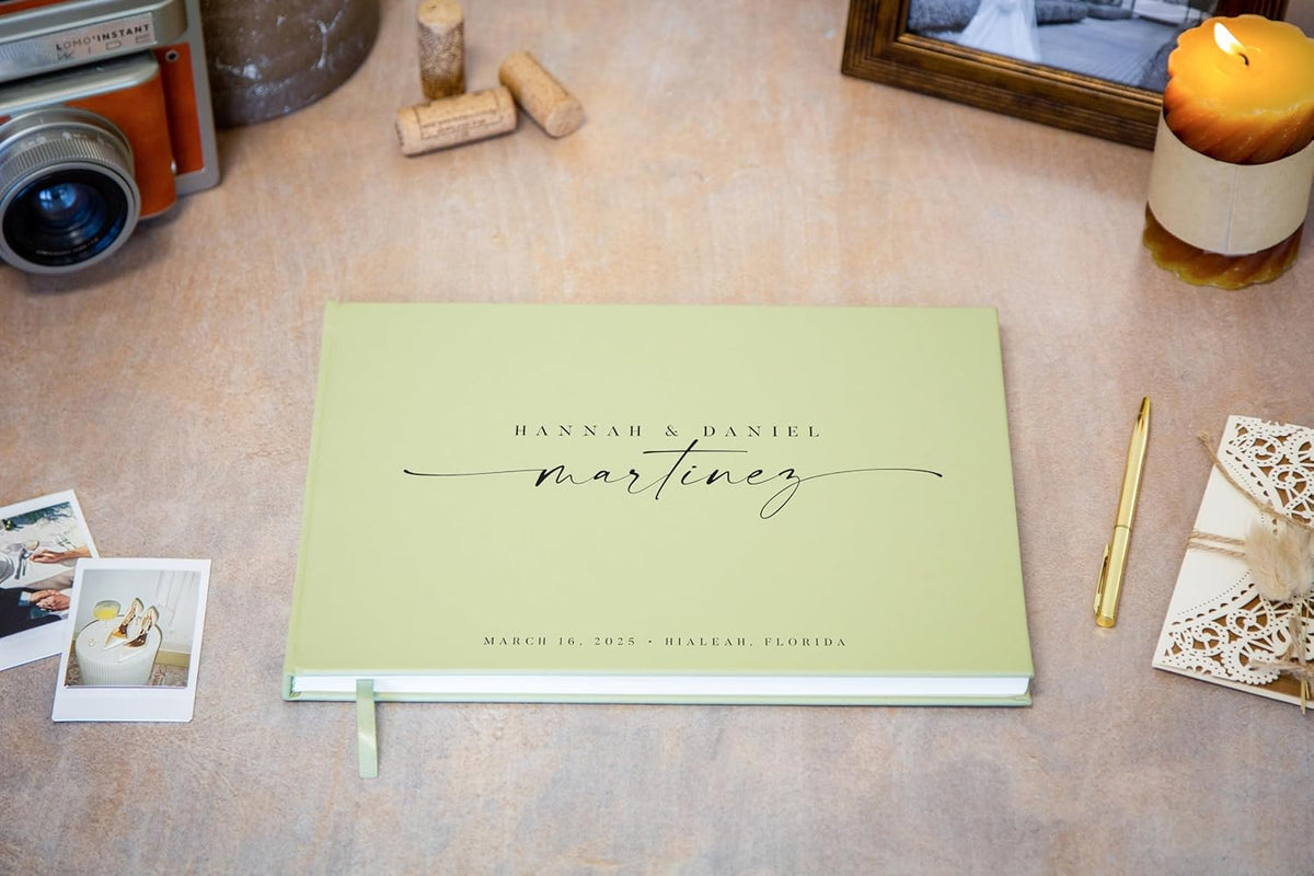 Personalized Guest Book - 11.5" x 8.5" Custom Bride & Groom Names with Bookmark and Hard Cover 140