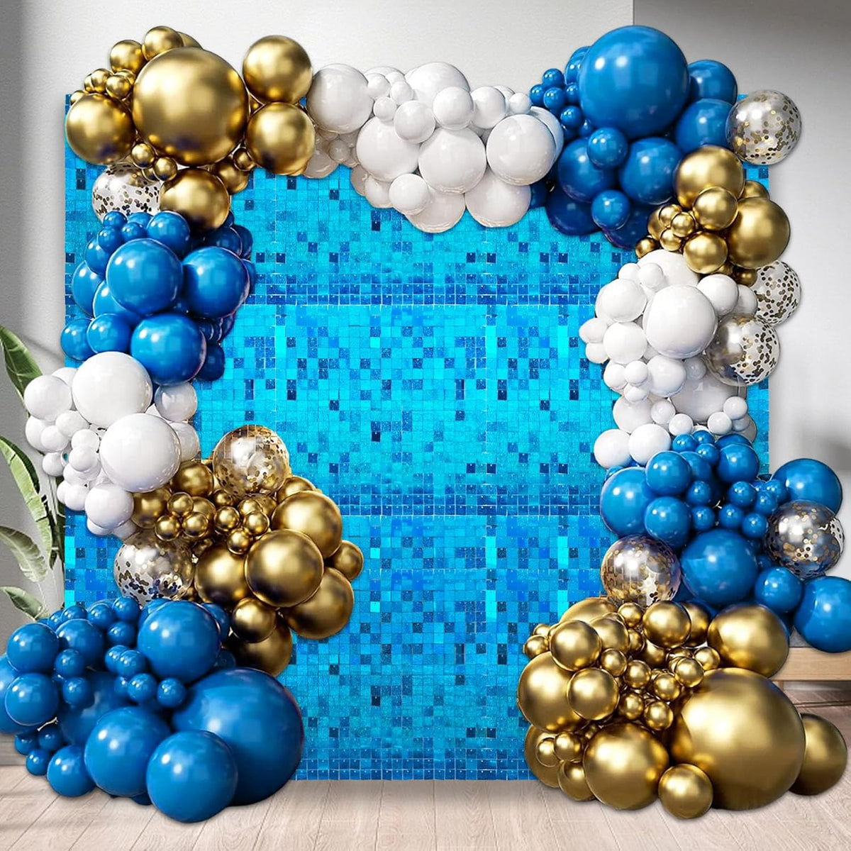 12PCS Lake Blue Shimmer Wall Backdrop, Laser Square Sequin Photo Backdrops Panel, Glitter Wall