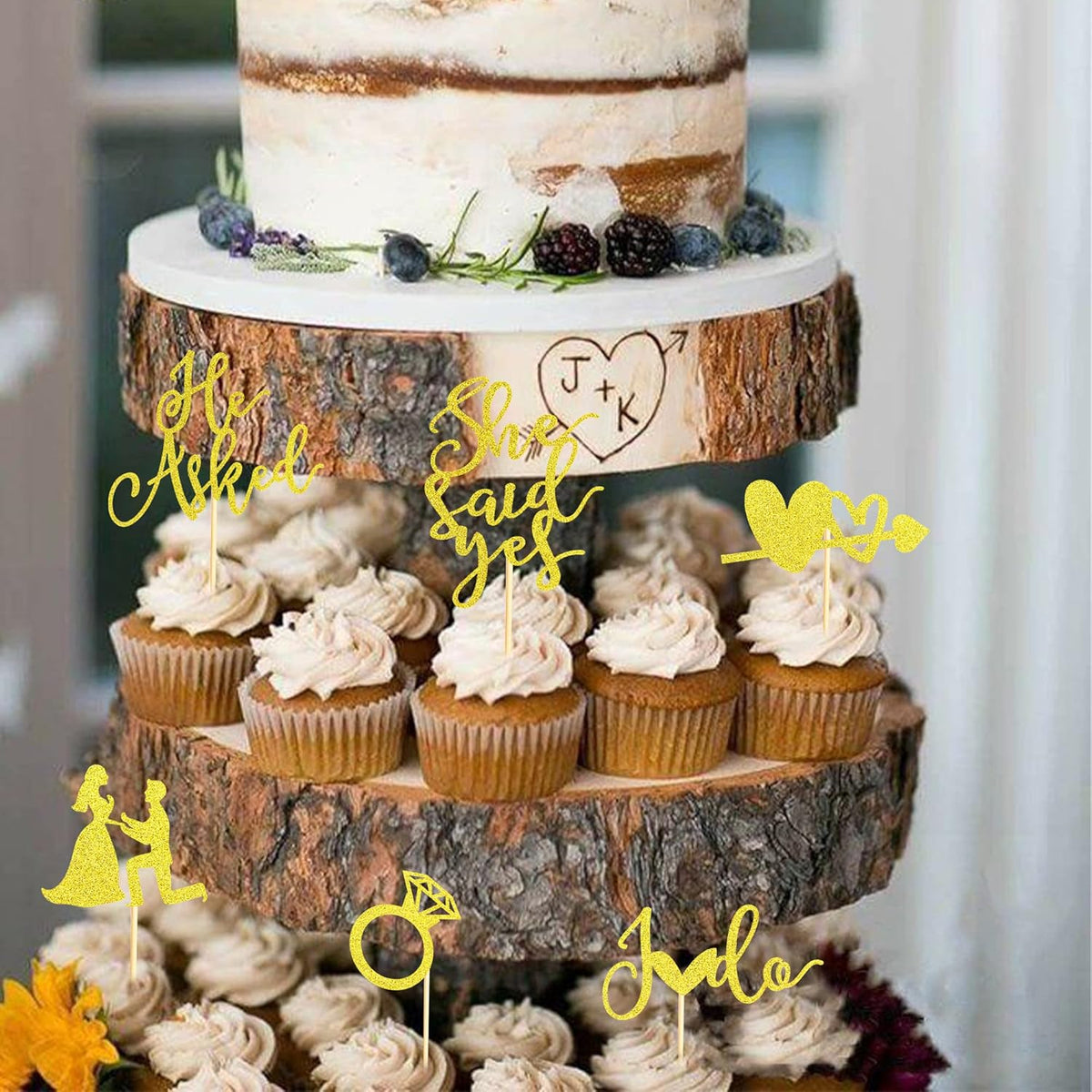24Pcs He Asked She Said Yes Cupcake Toppers Diamond Ring Heart I Do Cake Picks for Wedding