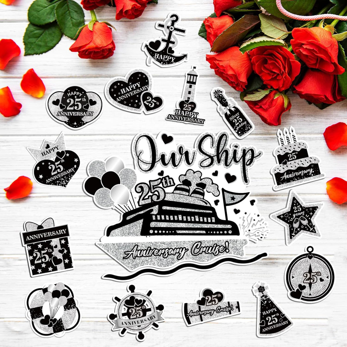 25th Anniversary Cruise Door Magnets Decorations, Black Silver Happy 25th Anniversary Cruise Ship
