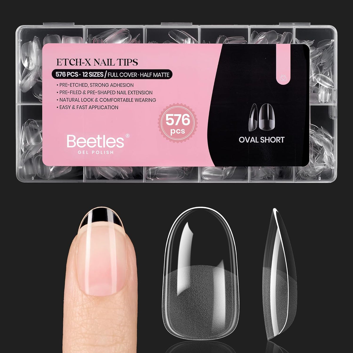 Beetles Gel Nail Tips Short Oval 576Pcs, 12 Sizes Pre-Shaped Half Matte Press On Nails Gelly Tips