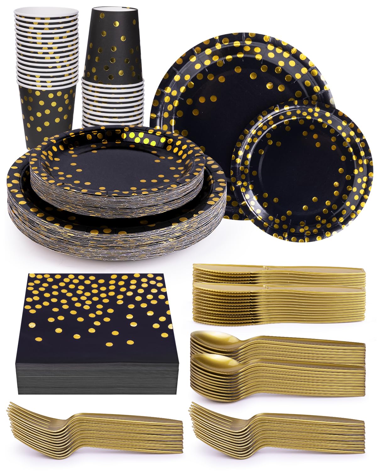224 Pieces Party Supplies, Black and Gold Party Plates Cups and Napkins Sets with Plastic Knives