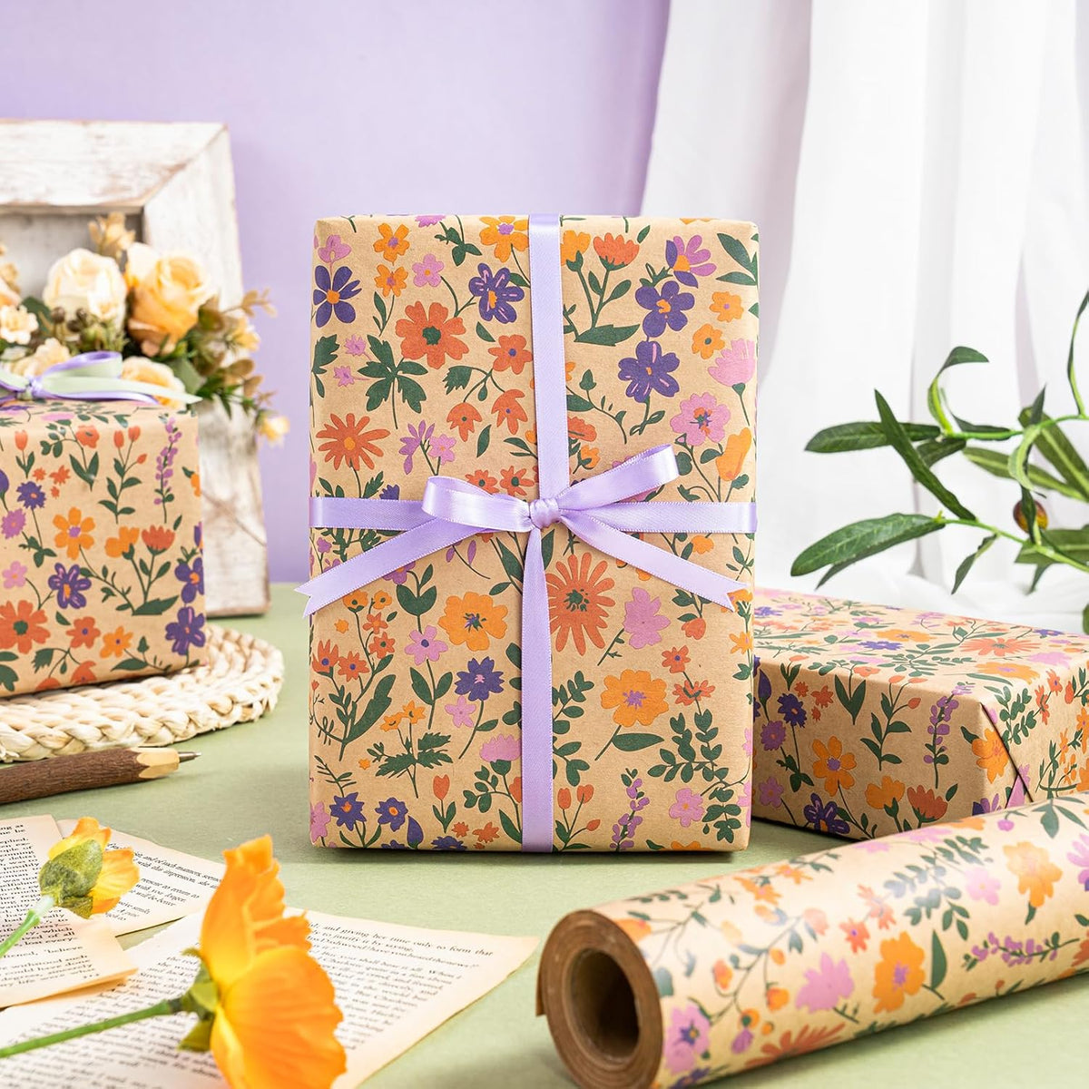 WRAPAHOLIC Kraft Floral Wrapping Paper Roll - Mini Roll - 17 Inch x 33 Feet - Vintage Flower