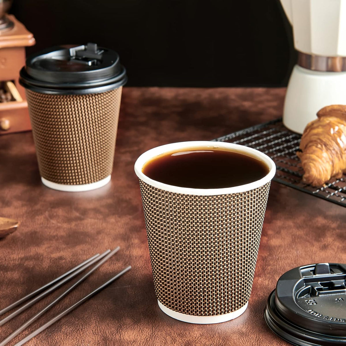 LITOPAK 80 Pack 10 oz Paper Coffee Cups, Insulated Ripple Wall Hot Coffee Cups with Lid and Straws