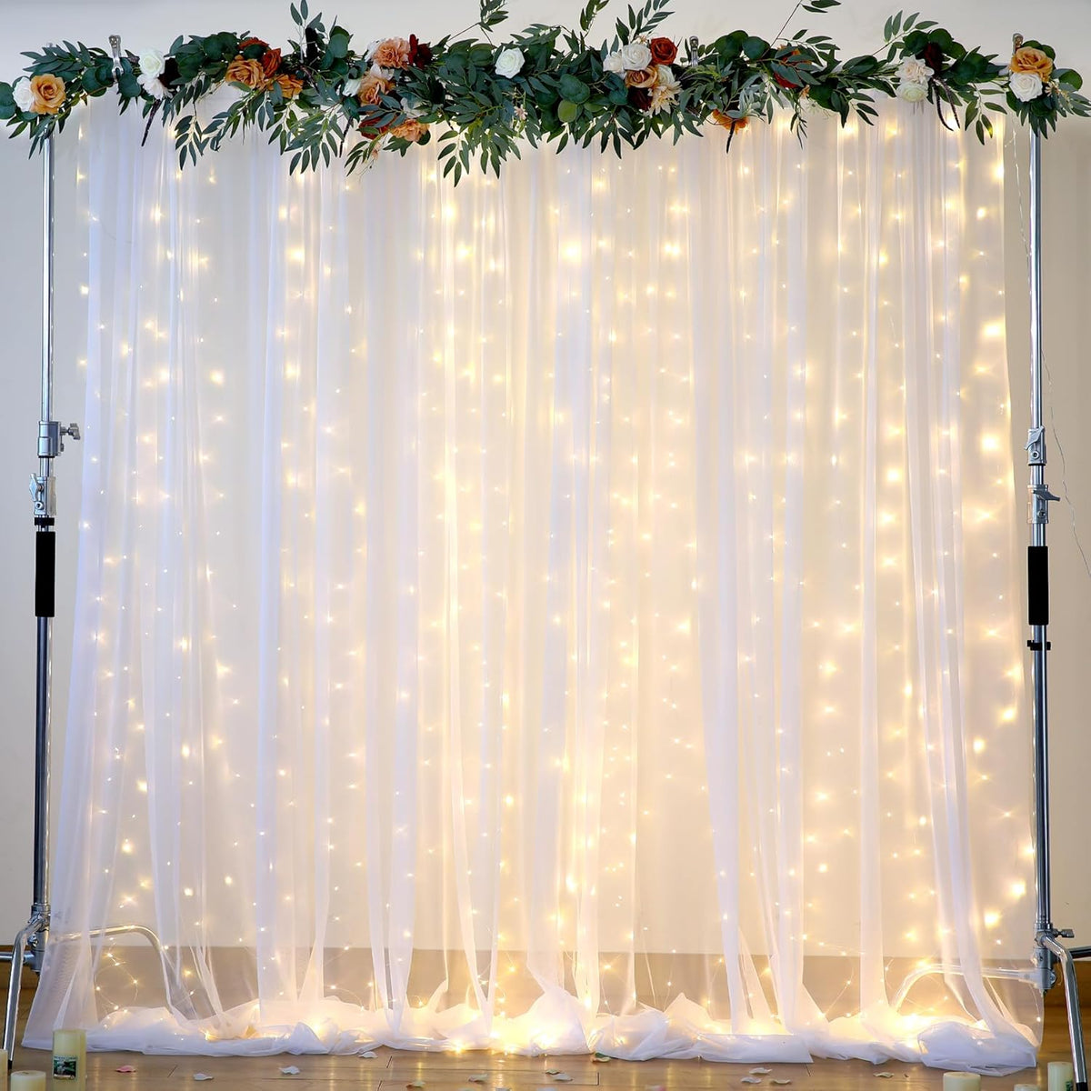 Suppromo White Tulle Backdrop Curtain with Lights String for Parites 20×8ft Sheer Curtains Wedding
