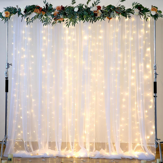 Sheer Backdrop Curtain with Lights String for Parites 20×10ft White Tulle Backdrop Curtain for