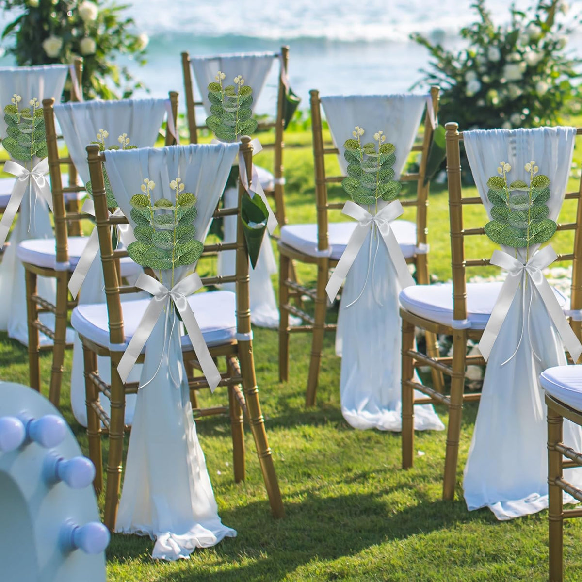 26 Sets of Wedding Aisle Decorations, White Tulle Chair Sashes with Bow Ribbons and Artificial