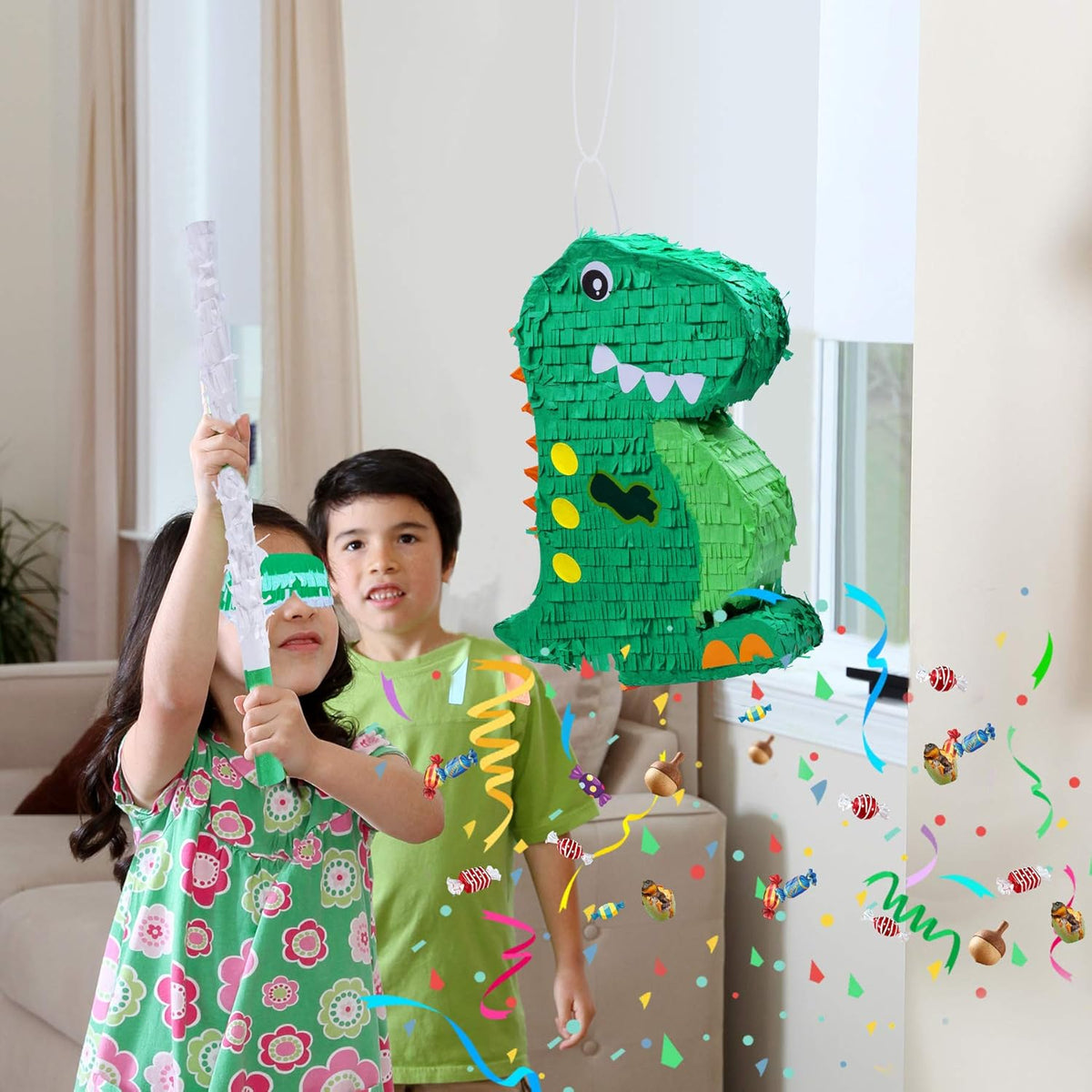 Dinosaur Pinata Bundle with a Blindfold and Bat (17x13x4 Inches), Perfect for Birthday Parties