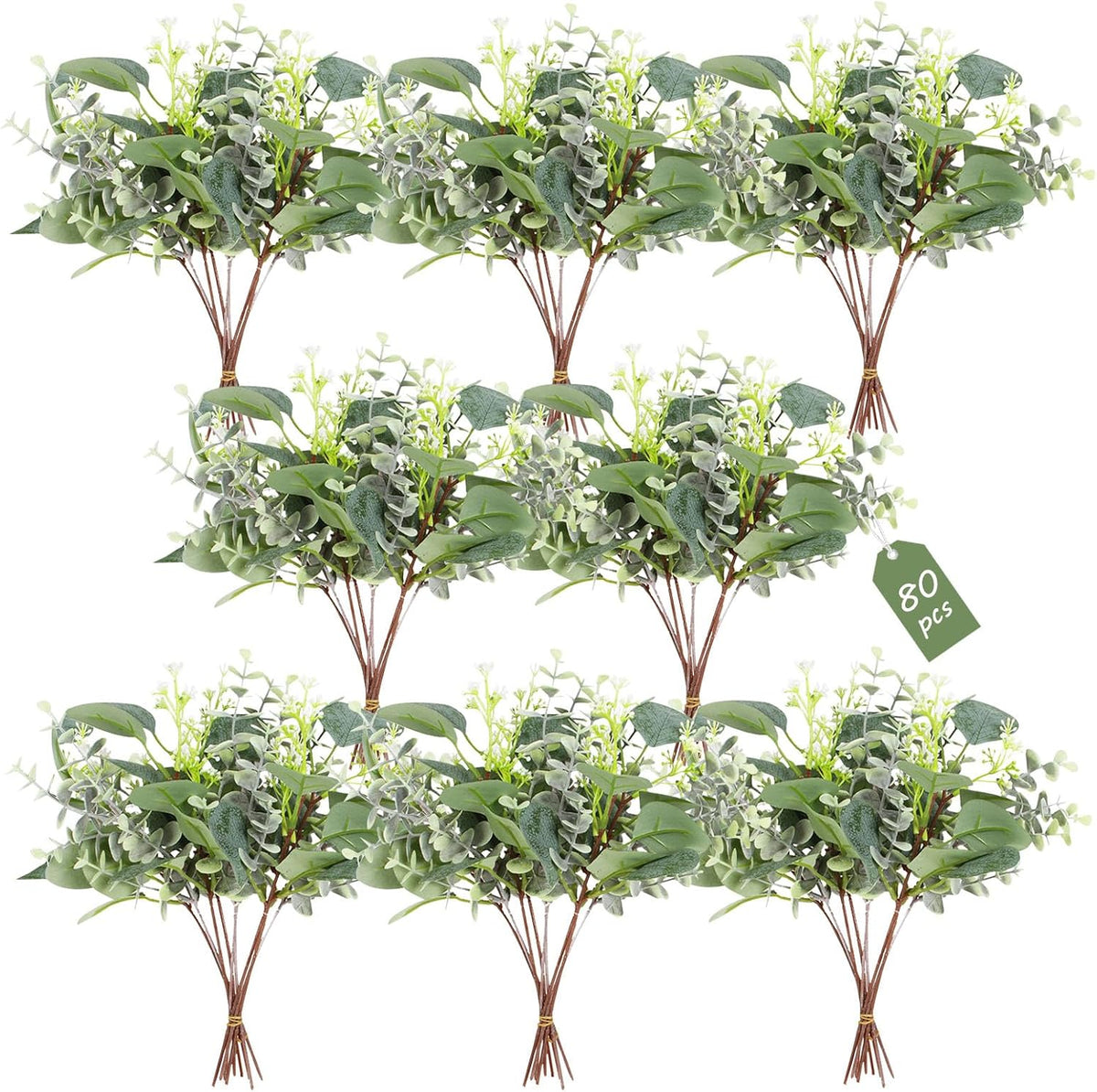 80 Pcs Mixed Eucalyptus Leaves Stems Bulk Artificial Silver Dollar Leaves for Vase Bouquets Baby