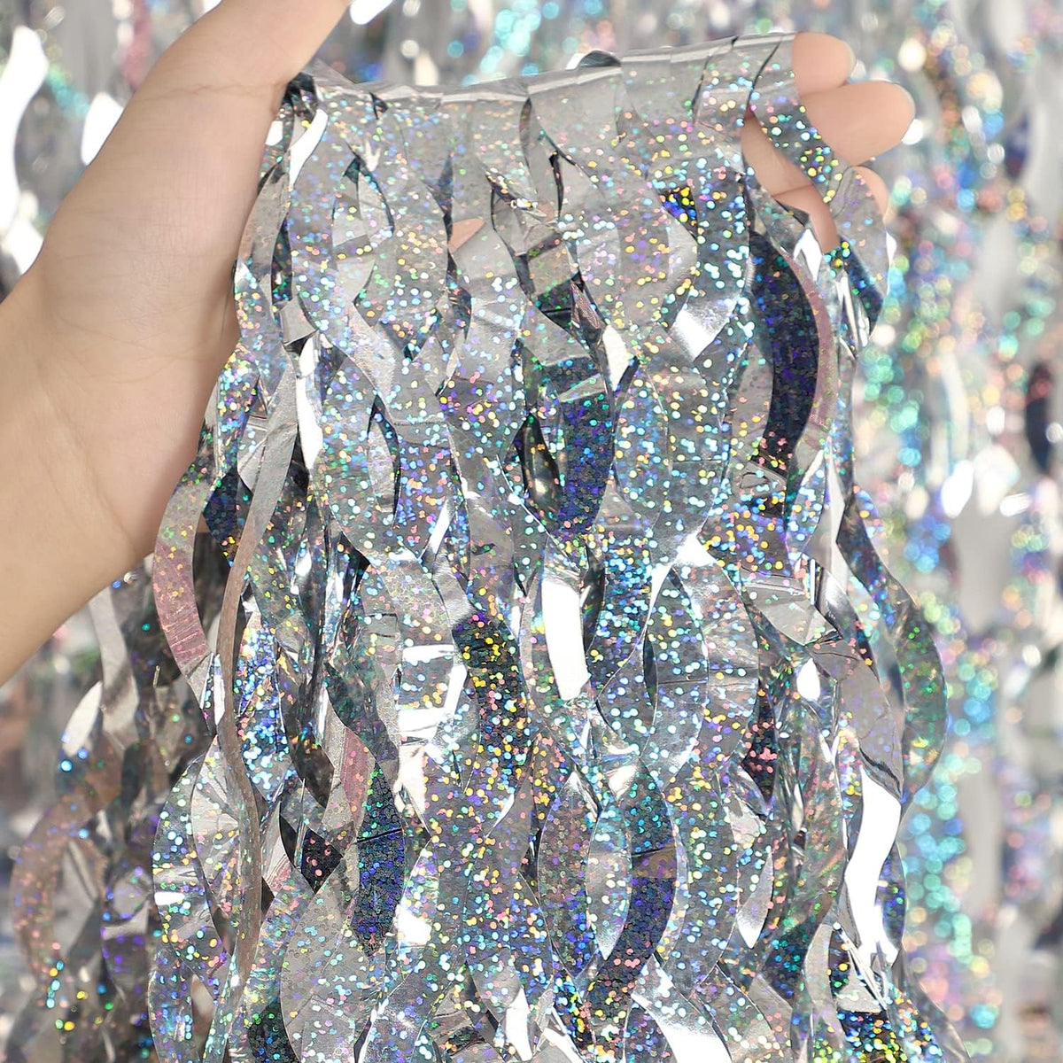 Silver Tinsel Backdrop- CYLMFC 3 Pack 3.3 ft x 6.6 ft Streamer Foil Fringe Curtain for Birthday
