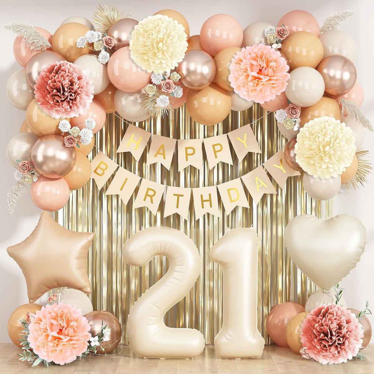 Beige 21st Birthday Decorations for Her Cream Number 21 Balloon Nude Gold Happy Birthday Banner