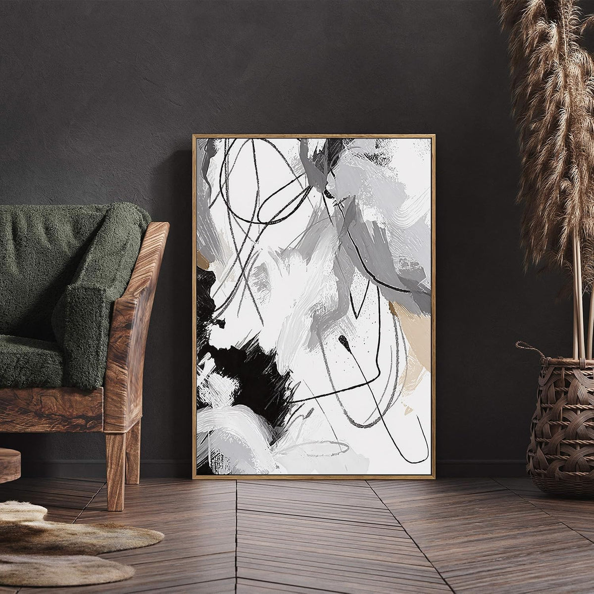 myusuar 3 Piece Large Modern Abstract Canvas Framed Wall Art For Living Room, Black And White Lines