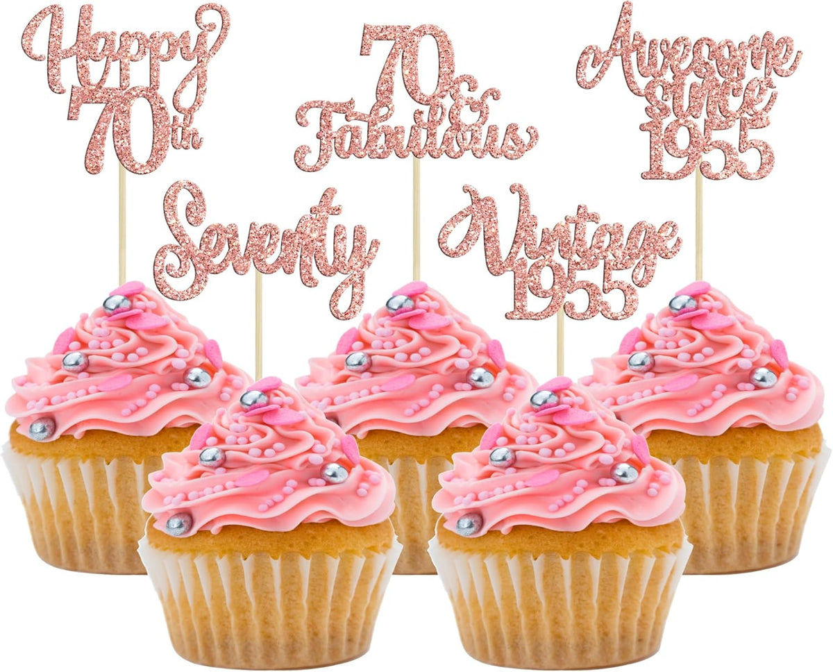 30Pcs Vintage 1955 Cupcake Toppers Glitter Seventy 70 Fabulous Happy 70th Birthday Cupcake Picks