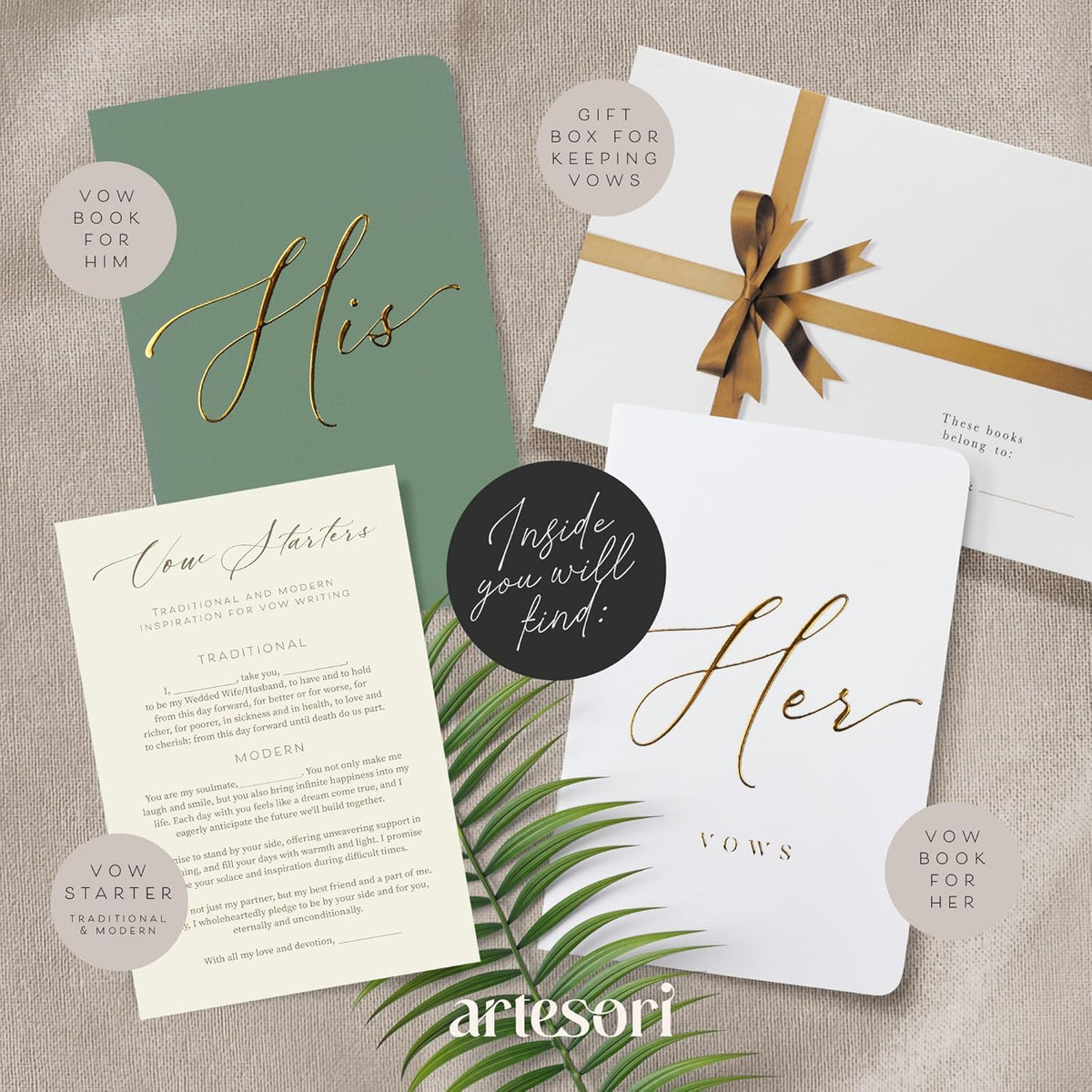 ARTESORI Wedding Vow Book for Her & Him, Soft Touch, Gold Engraving, 28 Lined Pages, Wedding Vow