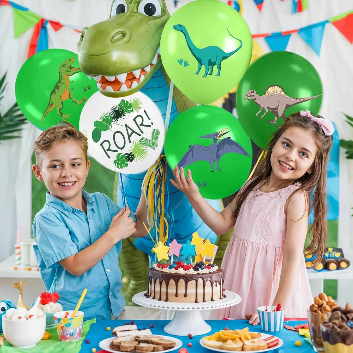 Dinosaur Balloons, 12 Inch Fruit Lime Dark Green White Confetti Balloons with Dinosaur Printed
