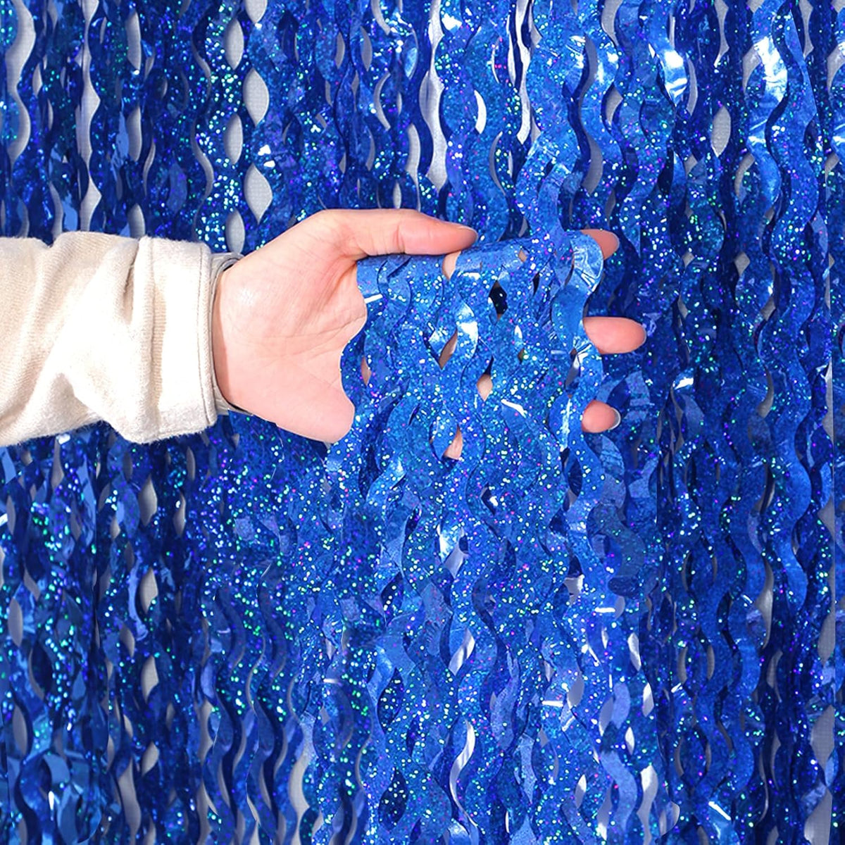 4 Pack 3.3 ft x 6.6 Wavy Sparkle Dark Blue Foil Fringe Backdrop Curtain - Navy Blue Streamer