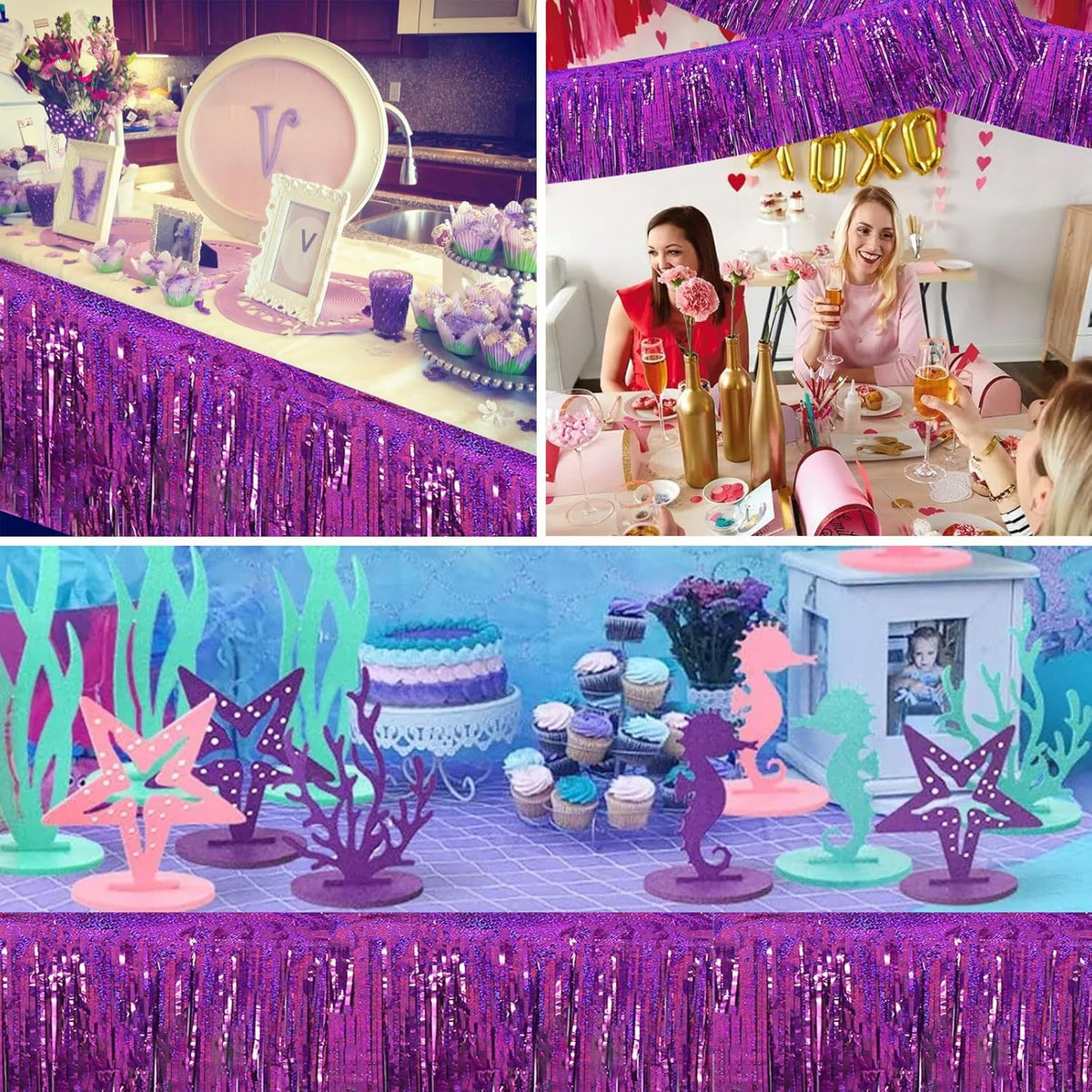 BEISHIDA 3 Packs Metallic Foil Fringe Garland Laser Purple Wall Hanging Tinsel Fringe Banners for