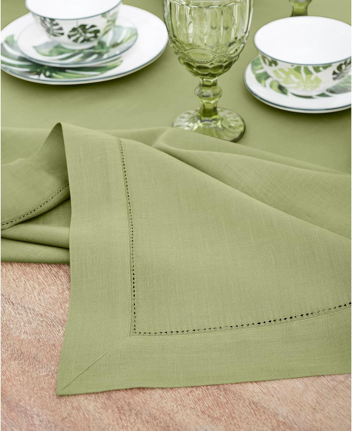 Solino Home Linen Tablecloth 60 x 144 Inch - Classic Hemstitch 100% Pure Linen Moss Green Table