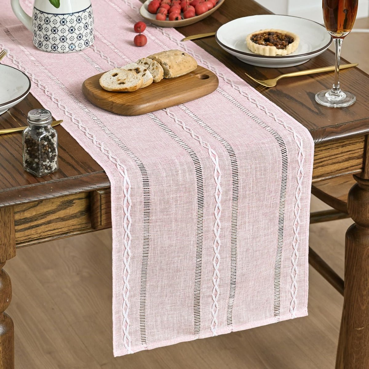 Artoid Mode Pink Rustic Cotton Linen Table Runner, Seasonal Embroidered Hollow Kitchen Dining Table