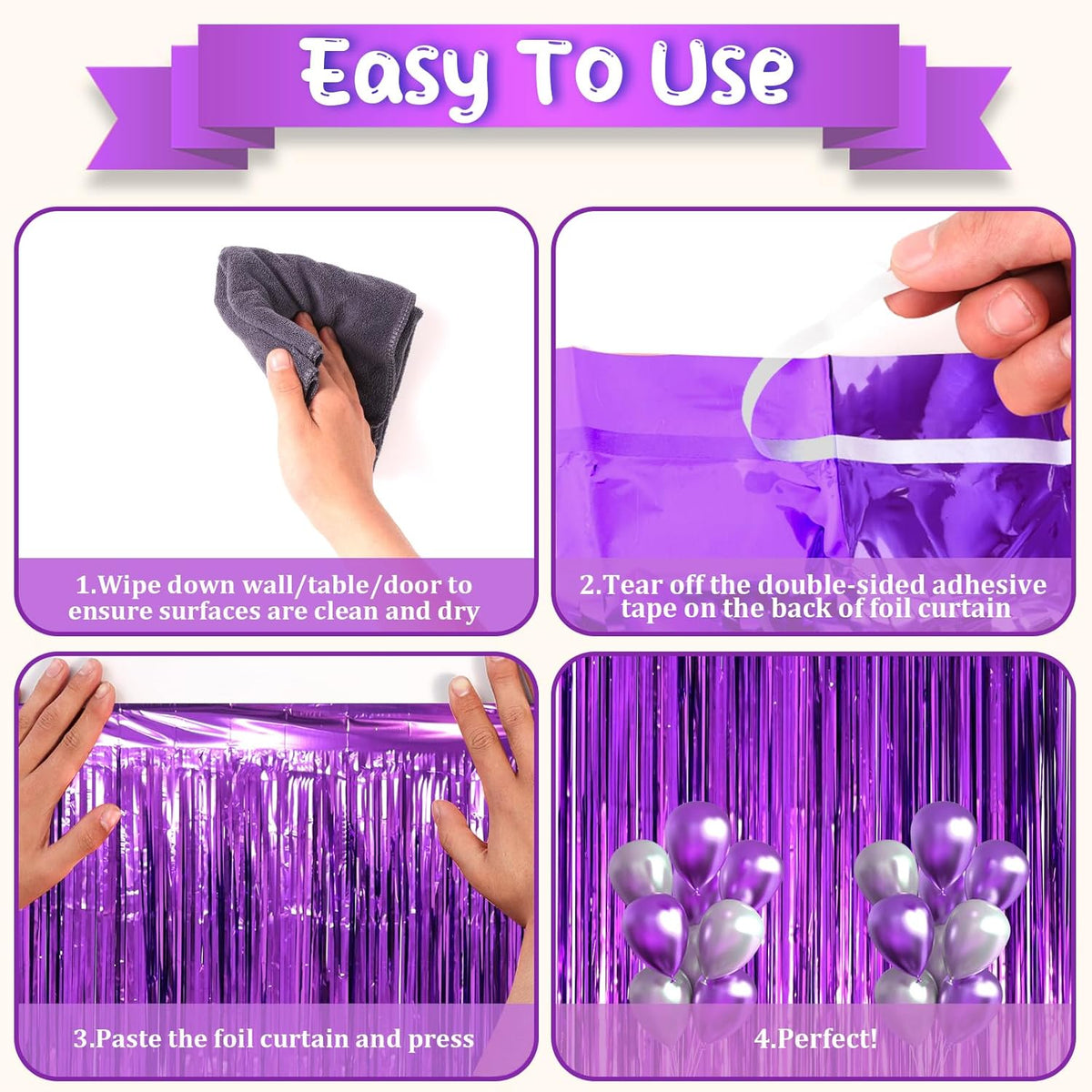 2 Pack Purple Tinsel Foil Fringe Curtains, Purple Party Decorations, Metallic Tinsel Party