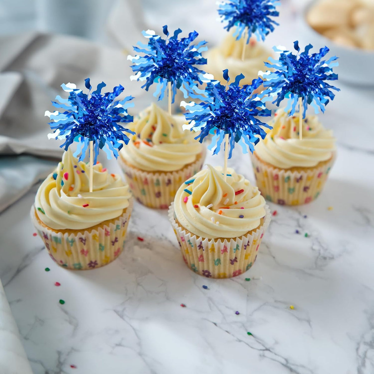 Gyufise 30Pcs Foil Firework Cupcake Toppers Happy Birthday Cake Toppers Sparkle Tinsel Flower Drink