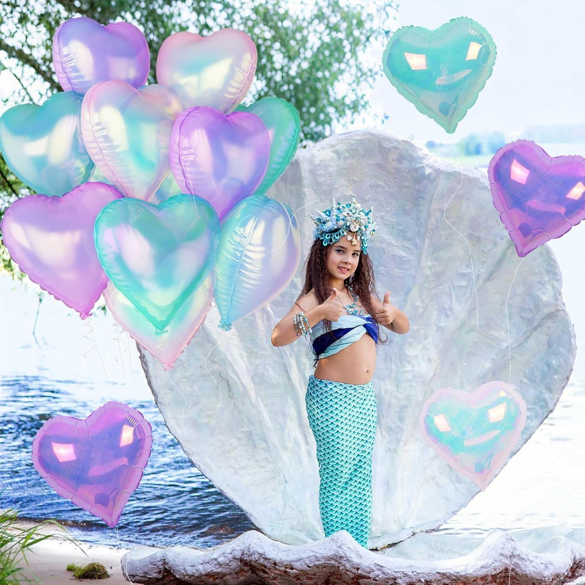 Iridescent Heart Balloons, 12Pcs 18Inch Transparent Crystal Heart Foil Balloon, Gradient Iridescent