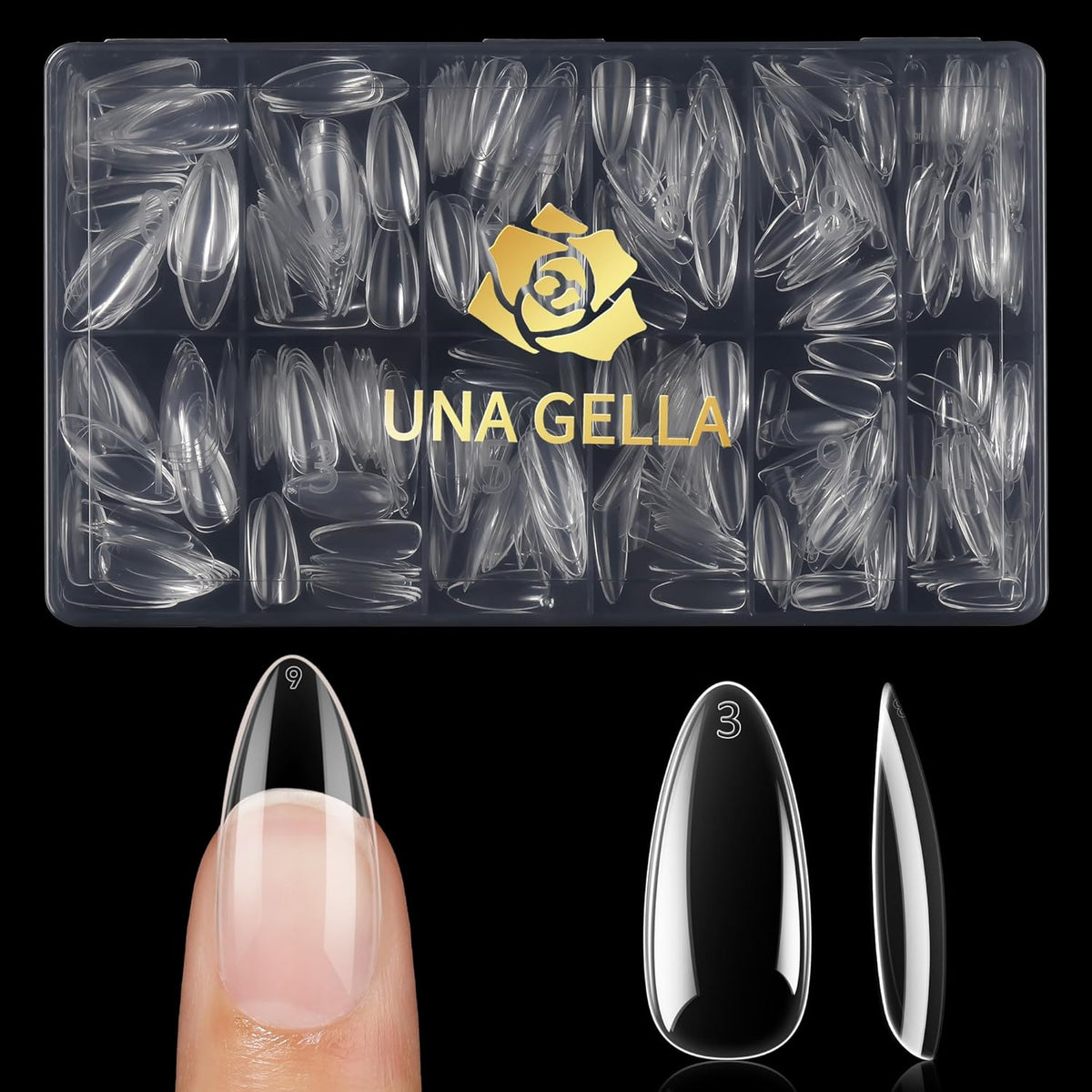 UNA GELLA Almond False Nails, 504pcs Soft Gel Tips, Clear, Medium, 12 Sizes, for Nail/Dip/Poly