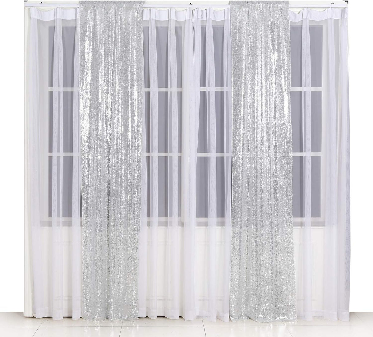 Poise3EHome Silver Sequin Backdrop Curtains,2ft x 8ft Sequin Photography Backdrop Curtain 2 Panels