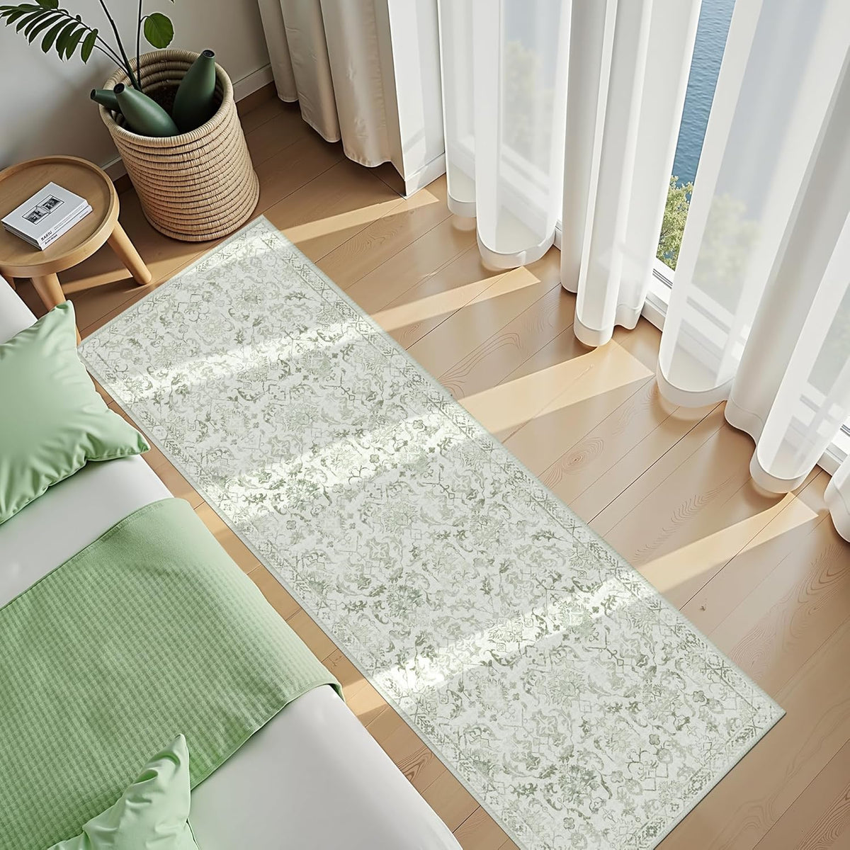 Sage 3x10 Runner Rug for Hallways Bed Side Kitchen, Boho Washable Distressed Low-Pile Floor