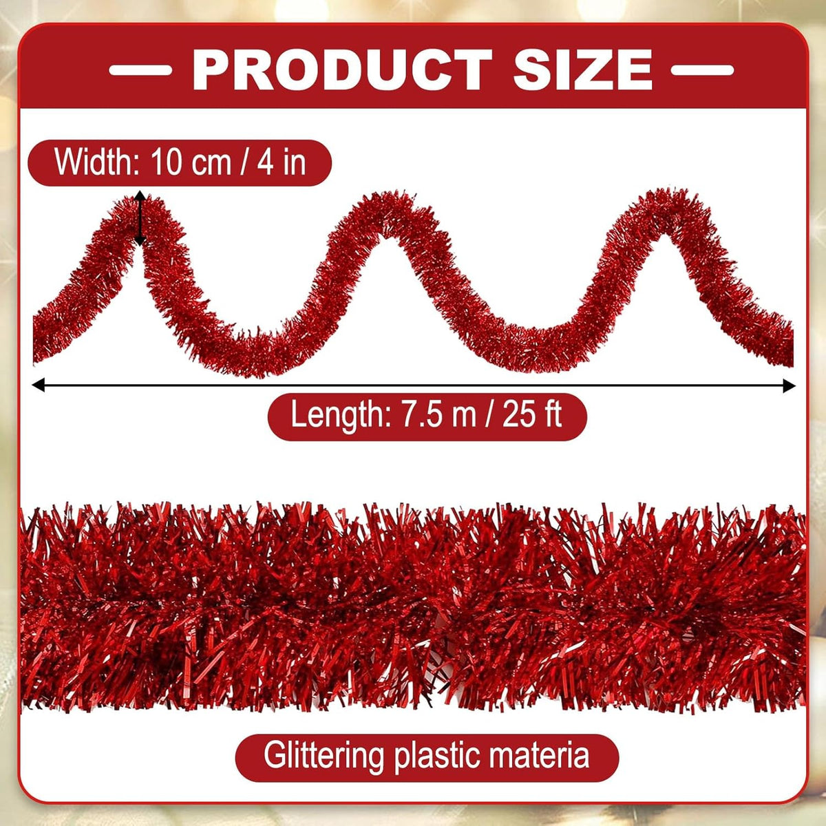 25 Feet Metallic Twist Tinsel Garland - Wall Hanging Backdrop for Parade Floats, Christmas Eve, New