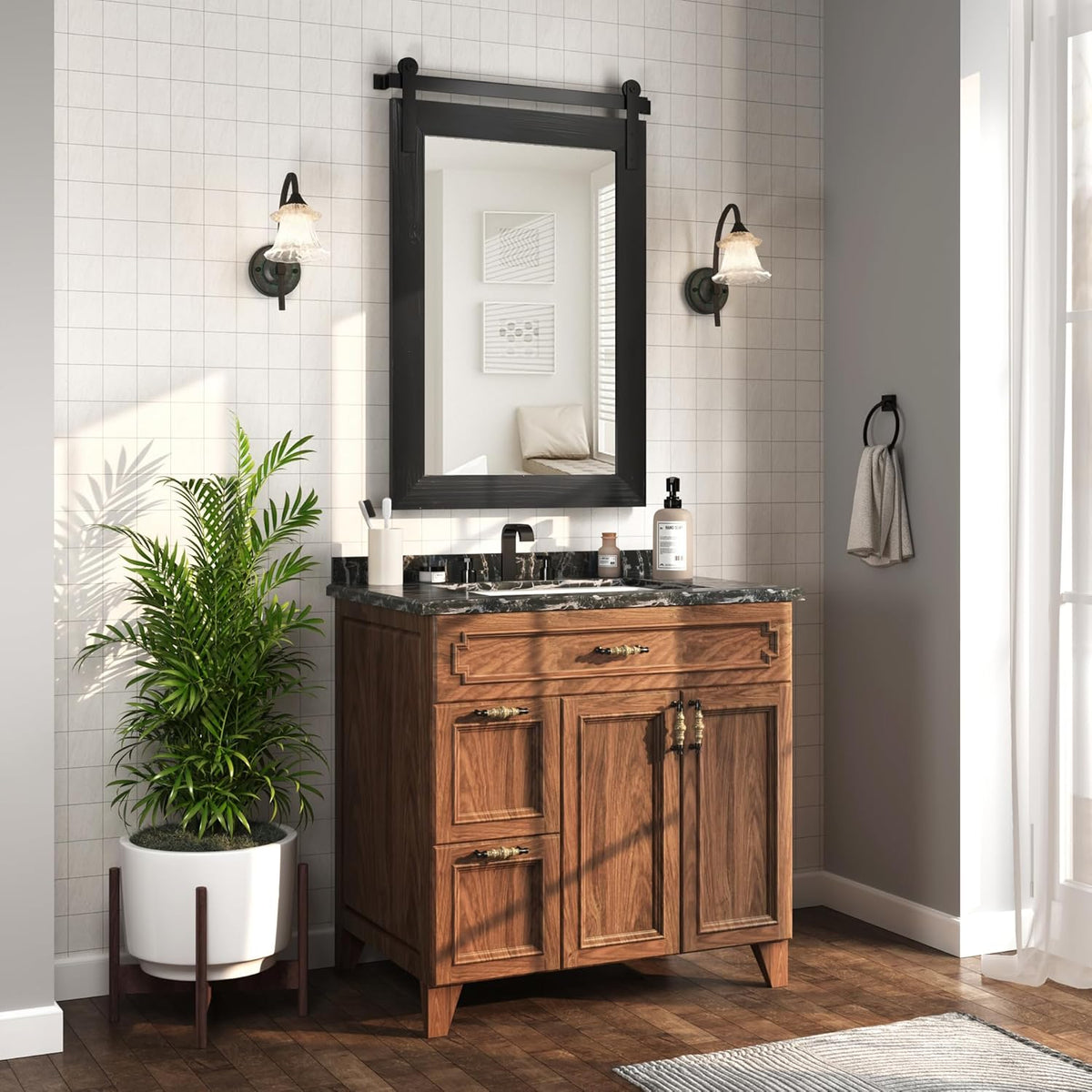 COGOOD Farmhouse Barn Door Mirror - 38 X 25 Rustic Bathroom Mirror for Living Room, Entryway
