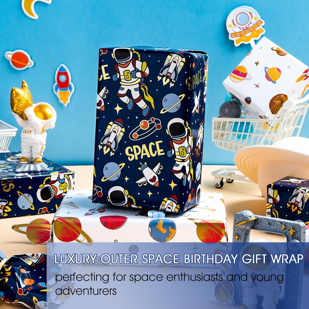 Yarcony Space Wrapping Paper Roll, Birthday Wrapping Paper for Boys, Navy Blue Astronaut Gift Wrap
