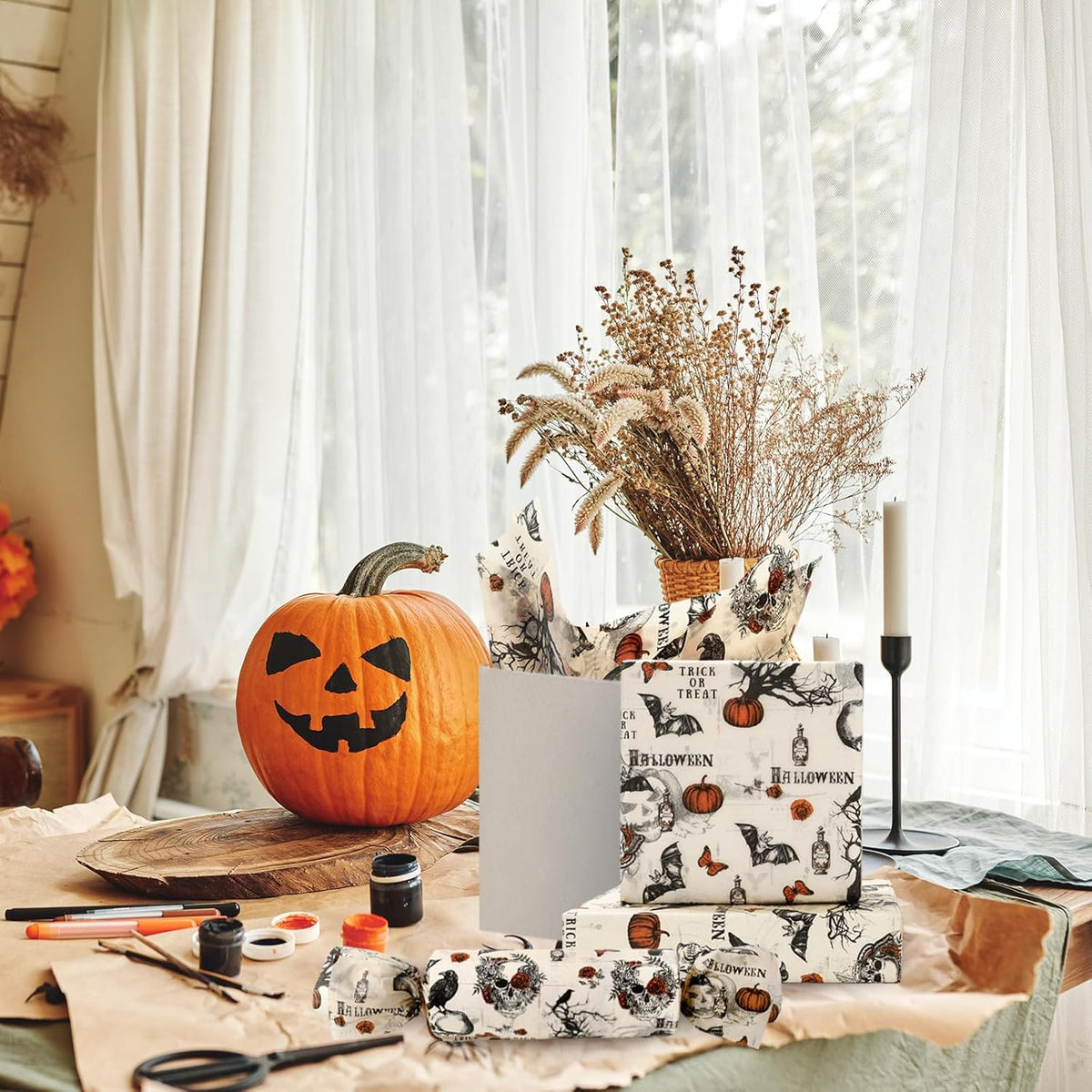 JarThenaAMCS 60 Pcs Halloween Tissue Paper Retro Gothic Skull Crow Pumpkin Wrapping Paper