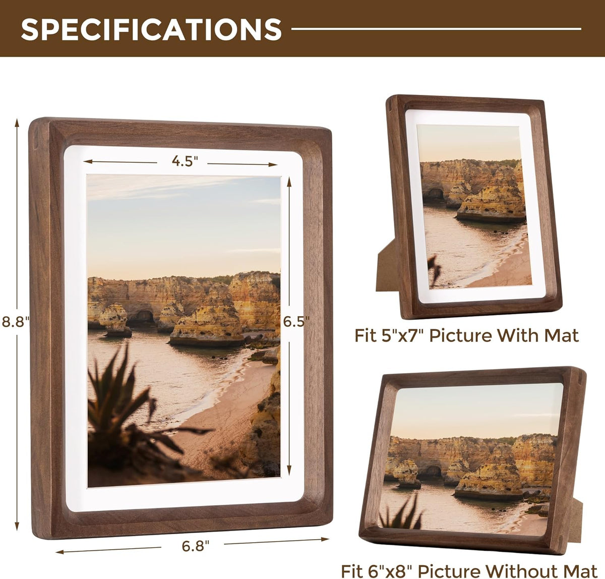 6x8 Frame USA-Sourced Natural Walnut Wood Solid Wood Photo Frame Handcrafted Rounded Corner with